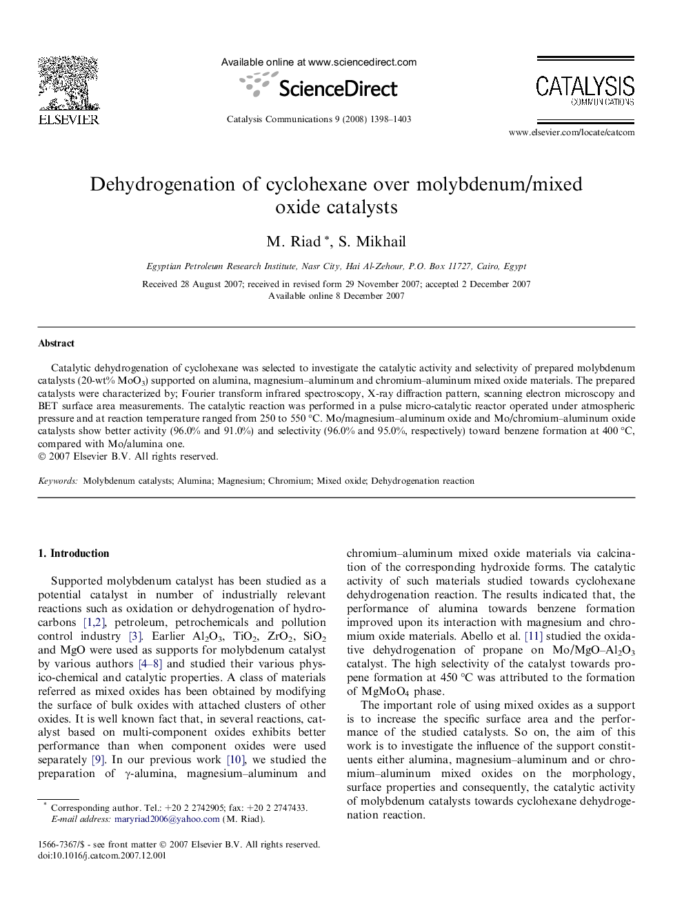 Dehydrogenation of cyclohexane over molybdenum/mixed oxide catalysts