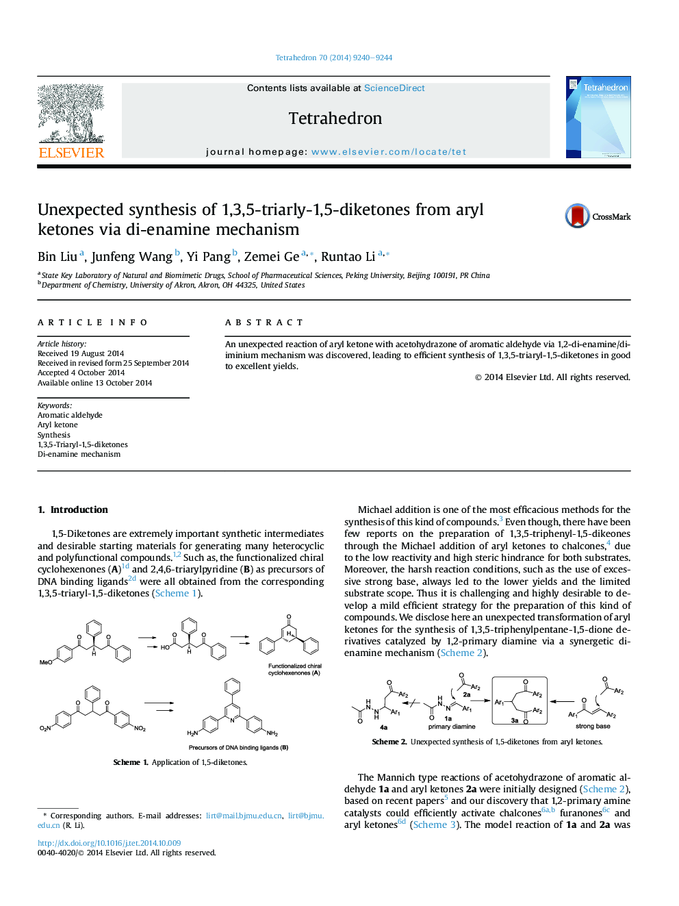 Unexpected synthesis of 1,3,5-triarly-1,5-diketones from aryl ketones via di-enamine mechanism