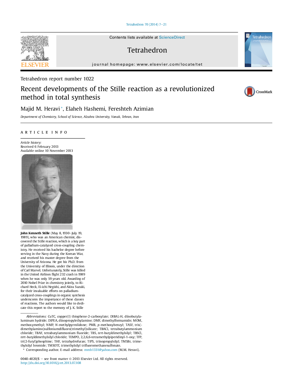 عکس صفحه اول مقاله: Tetrahedron report number 1022Recent developments of the Stille reaction as a revolutionized method in total synthesis Tetrahedron report number 1022Recent developments of the Stille reaction as a revolutionized method in total synthesis