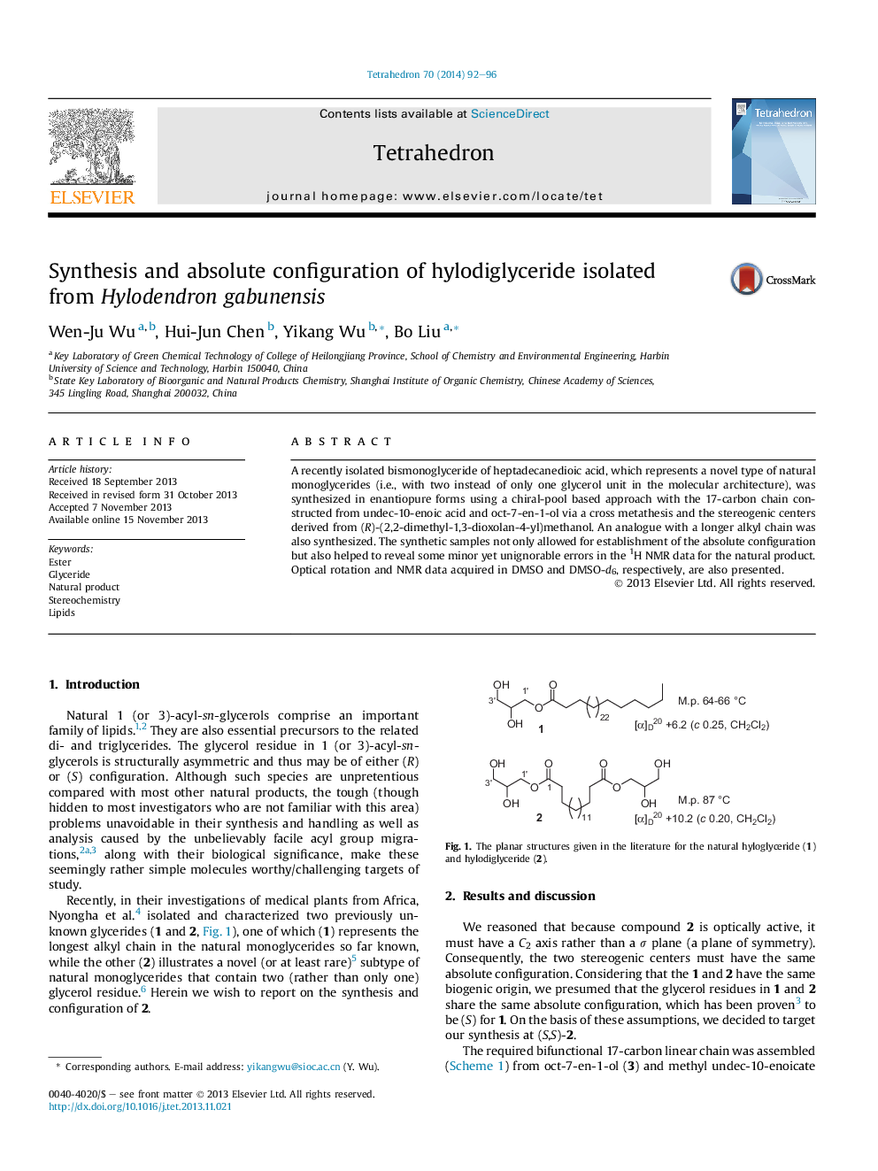 Synthesis and absolute configuration of hylodiglyceride isolated from Hylodendron gabunensis