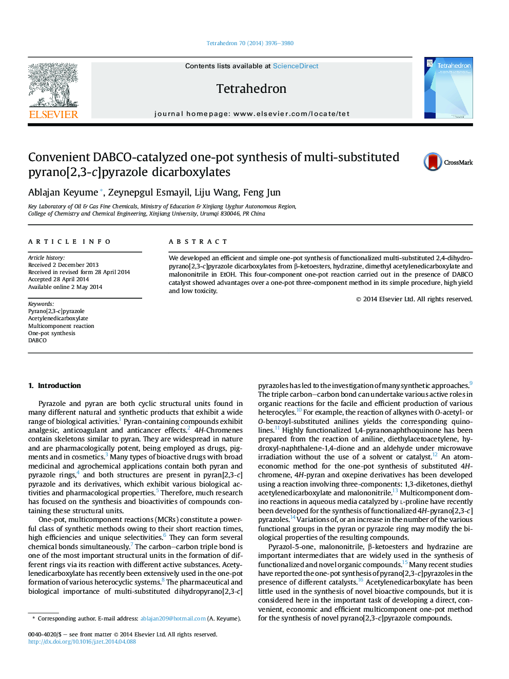 Convenient DABCO-catalyzed one-pot synthesis of multi-substituted pyrano[2,3-c]pyrazole dicarboxylates