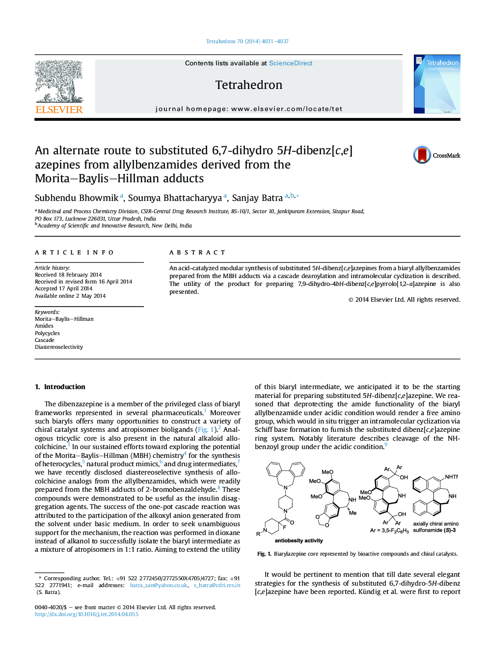 An alternate route to substituted 6,7-dihydro 5H-dibenz[c,e]azepines from allylbenzamides derived from the Morita–Baylis–Hillman adducts