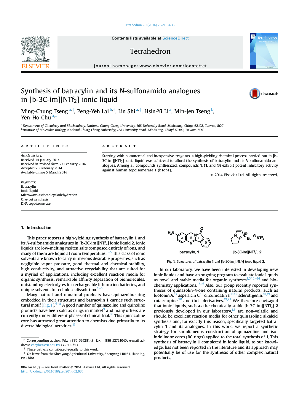 Synthesis of batracylin and its N-sulfonamido analogues inÂ [b-3C-im][NTf2] ionic liquid