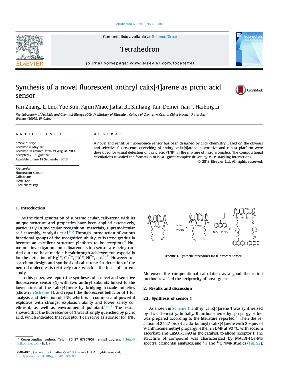 Synthesis of a novel fluorescent anthryl calix[4]arene as picric acid sensor