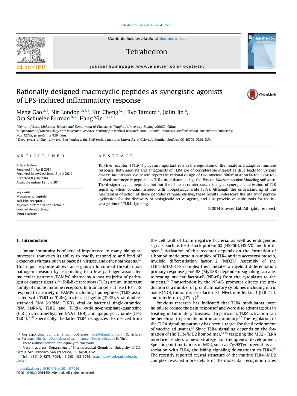 Rationally designed macrocyclic peptides as synergistic agonists ofÂ LPS-induced inflammatory response