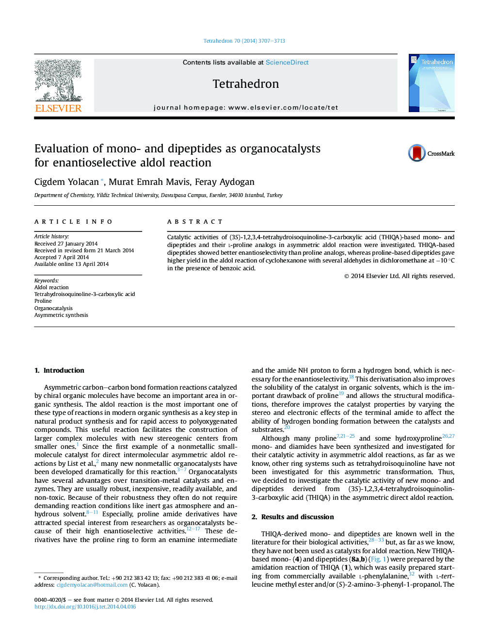 ارزیابی تک و دیپپتید ها به عنوان کاتالیزورهای کاتالیزوری برای واکنش آلدو آلاینده آلومینا 