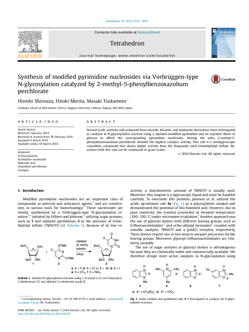 Synthesis of modified pyrimidine nucleosides via Vorbrüggen-type N-glycosylation catalyzed by 2-methyl-5-phenylbenzoxazolium perchlorate