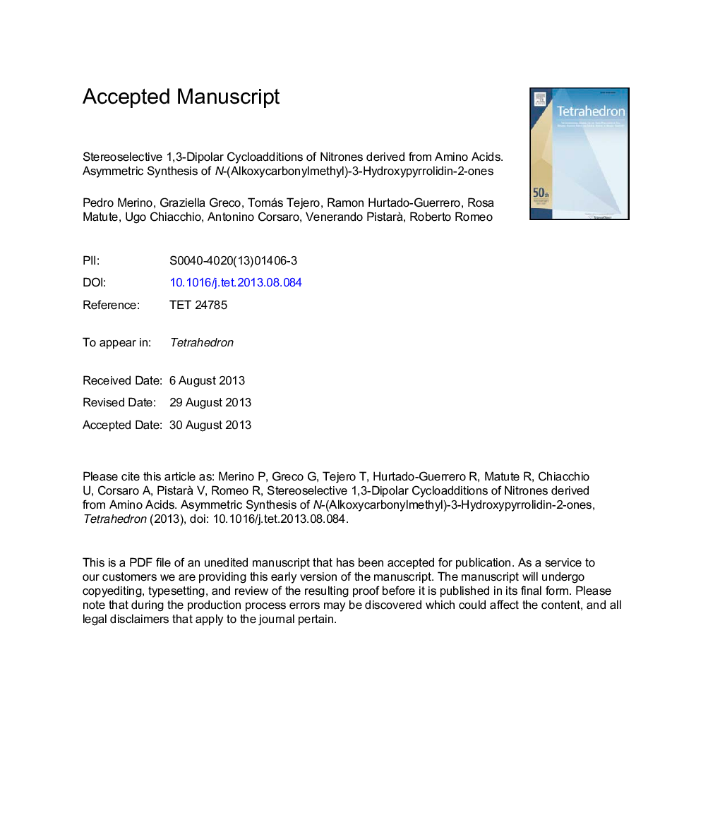 Stereoselective 1,3-dipolar cycloadditions of nitrones derived from amino acids. Asymmetric synthesis of N-(alkoxycarbonylmethyl)-3-hydroxypyrrolidin-2-ones