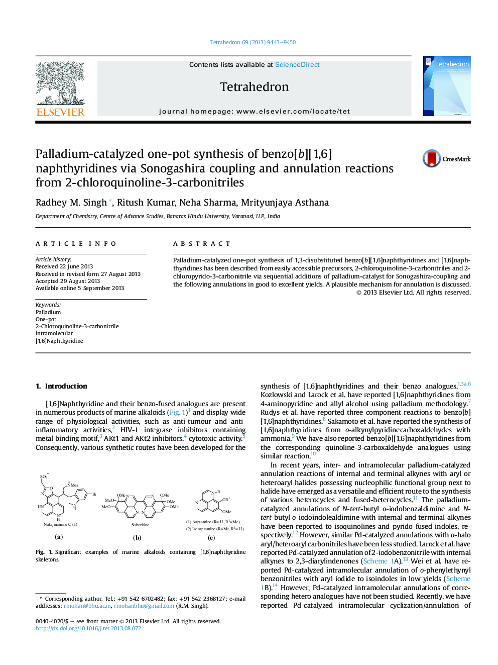 Palladium-catalyzed one-pot synthesis of benzo[b][1,6]naphthyridines via Sonogashira coupling and annulation reactions from 2-chloroquinoline-3-carbonitriles