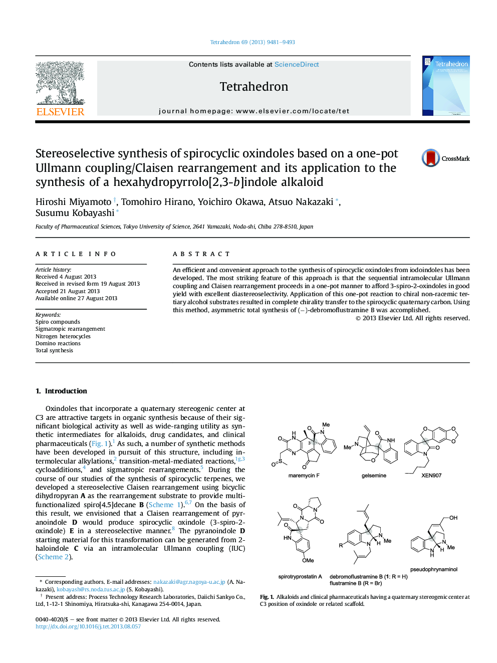 Stereoselective synthesis of spirocyclic oxindoles based on a one-pot Ullmann coupling/Claisen rearrangement and its application to the synthesis of a hexahydropyrrolo[2,3-b]indole alkaloid