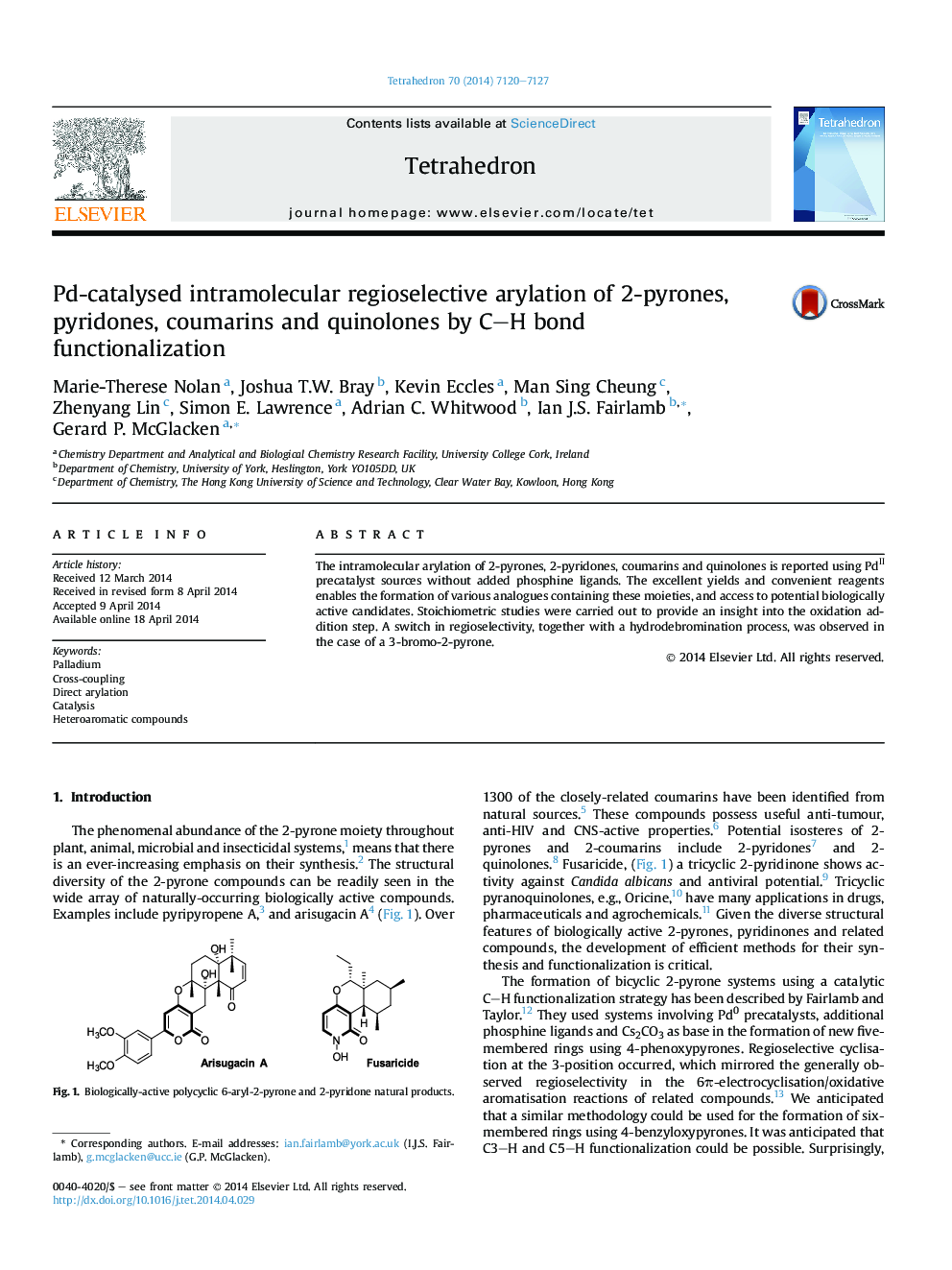 Pd-catalysed intramolecular regioselective arylation of 2-pyrones, pyridones, coumarins and quinolones by C–H bond functionalization