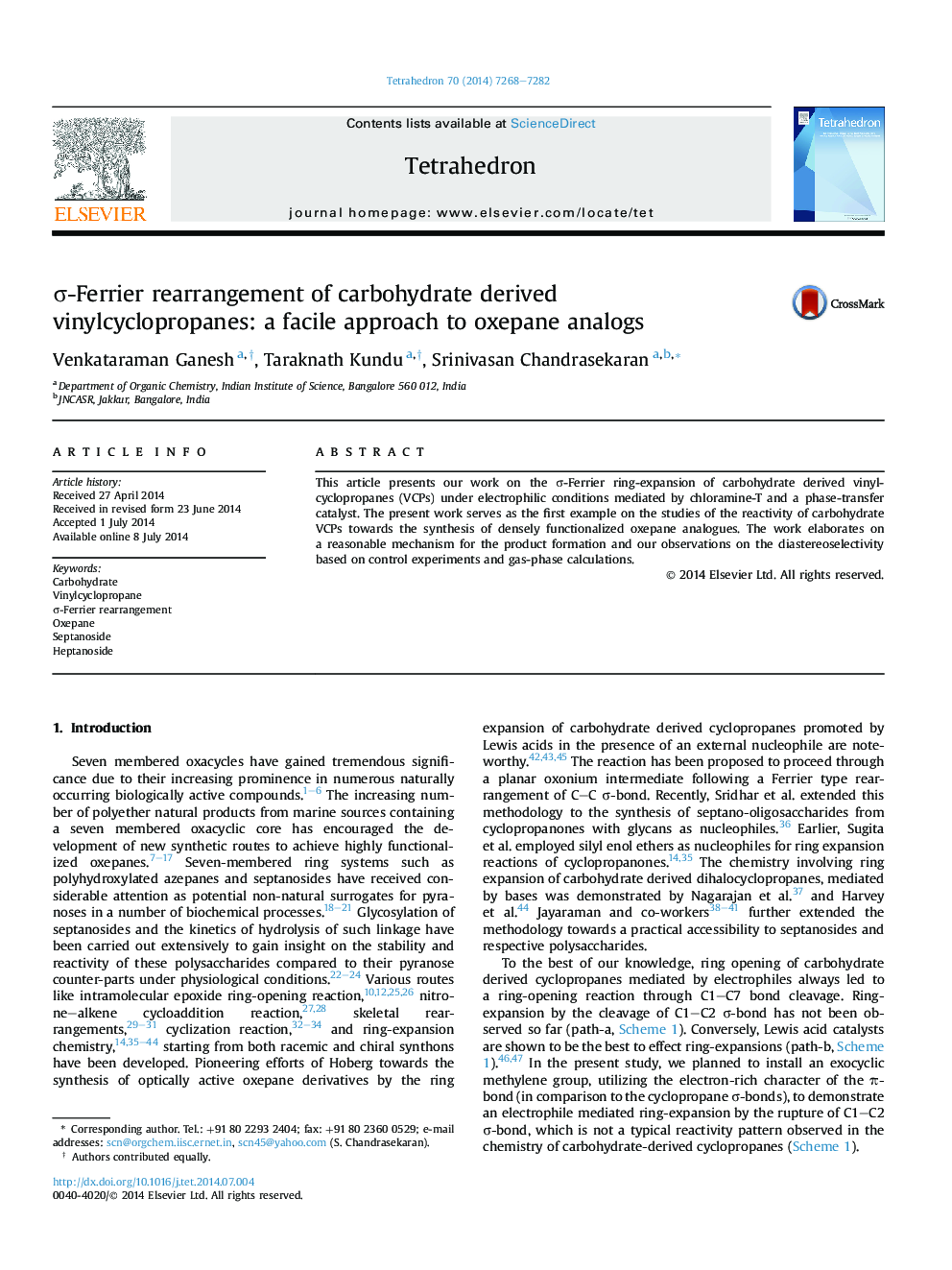 Ï-Ferrier rearrangement of carbohydrate derived vinylcyclopropanes: a facile approach to oxepane analogs