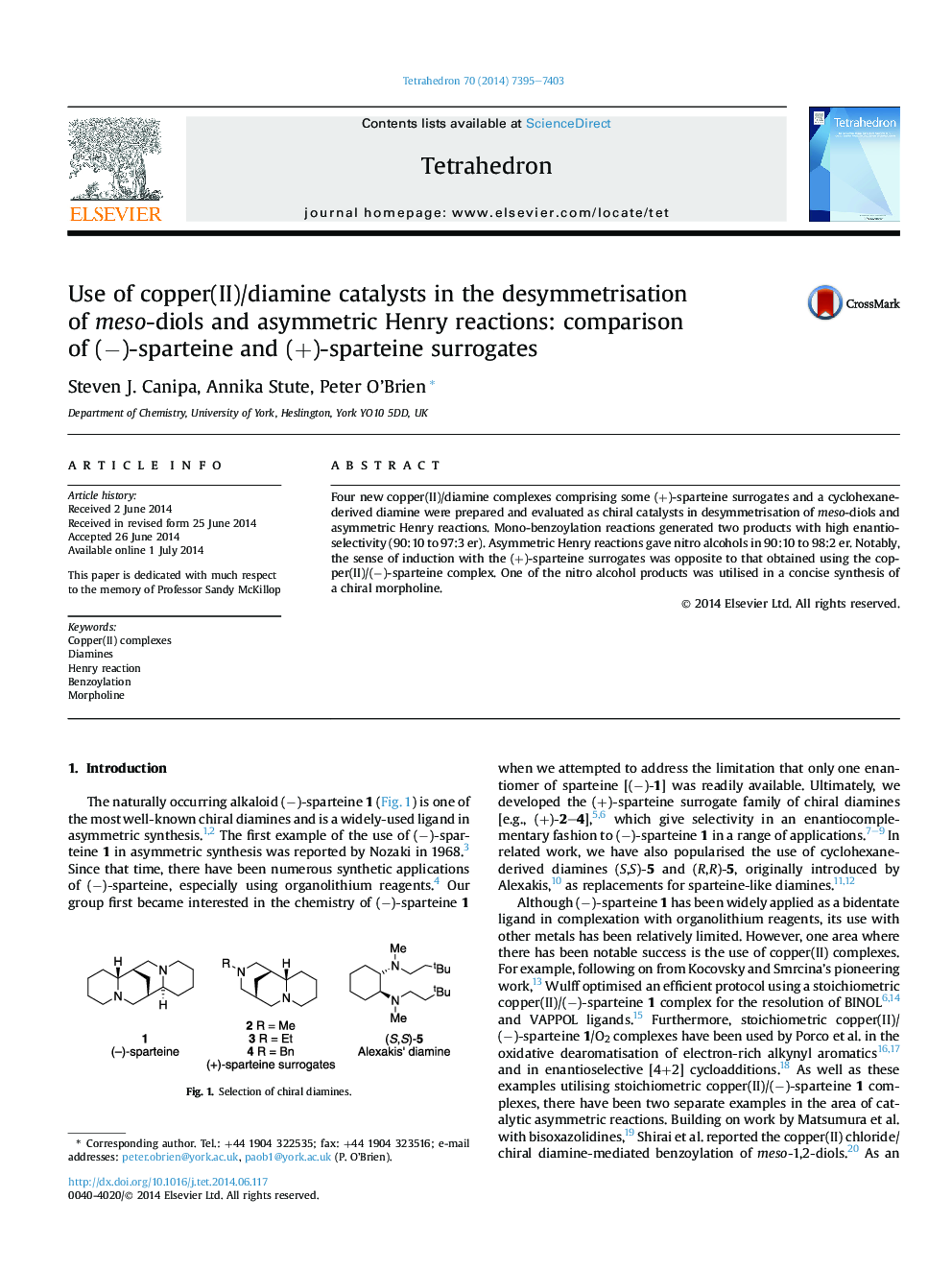 Use of copper(II)/diamine catalysts in the desymmetrisation of meso-diols and asymmetric Henry reactions: comparison of (−)-sparteine and (+)-sparteine surrogates