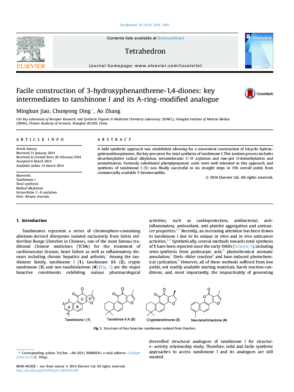 Facile construction of 3-hydroxyphenanthrene-1,4-diones: key intermediates to tanshinone I and its A-ring-modified analogue