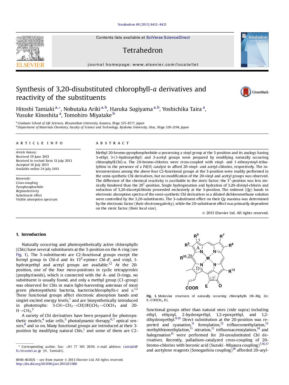 Synthesis of 3,20-disubstituted chlorophyll-a derivatives and reactivity of the substituents