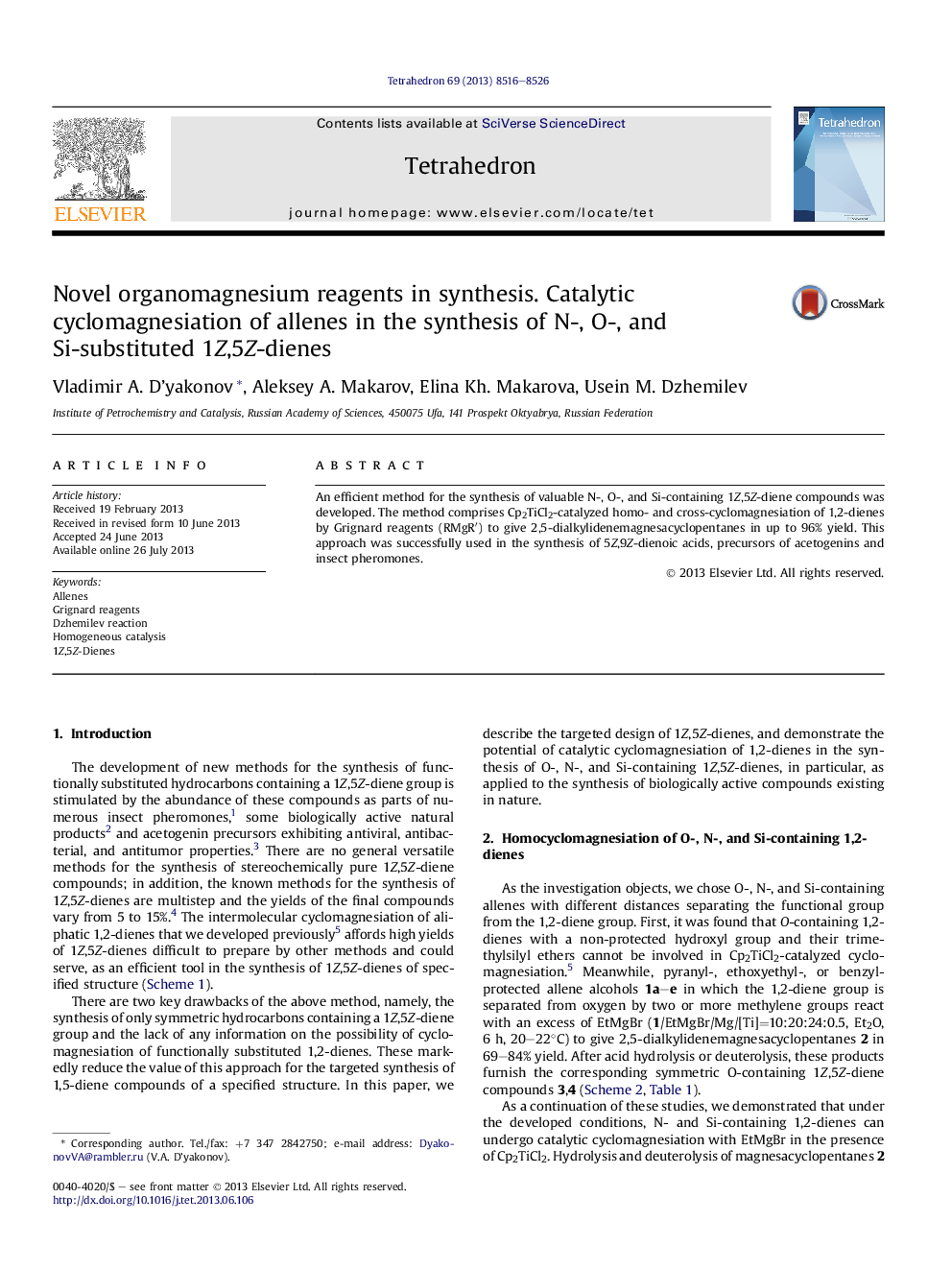 Novel organomagnesium reagents in synthesis. Catalytic cyclomagnesiation of allenes in the synthesis of N-, O-, and Si-substituted 1Z,5Z-dienes