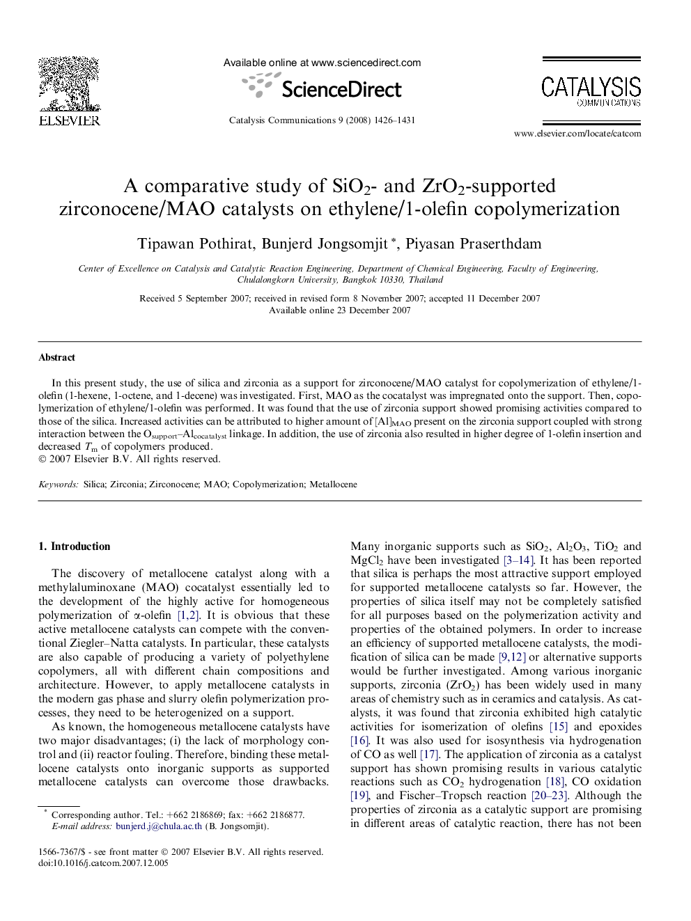 A comparative study of SiO2- and ZrO2-supported zirconocene/MAO catalysts on ethylene/1-olefin copolymerization