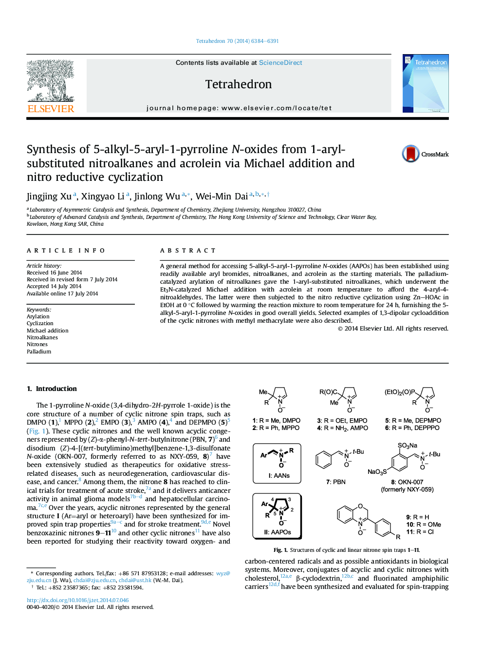 Synthesis of 5-alkyl-5-aryl-1-pyrroline N-oxides from 1-aryl-substituted nitroalkanes and acrolein via Michael addition and nitroÂ reductive cyclization