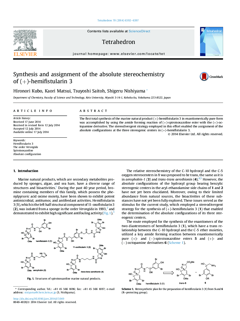 Synthesis and assignment of the absolute stereochemistry ofÂ (+)-hemifistularin 3