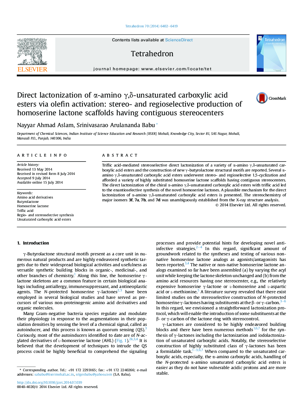 Direct lactonization of α-amino γ,δ-unsaturated carboxylic acid esters via olefin activation: stereo- and regioselective production of homoserine lactone scaffolds having contiguous stereocenters