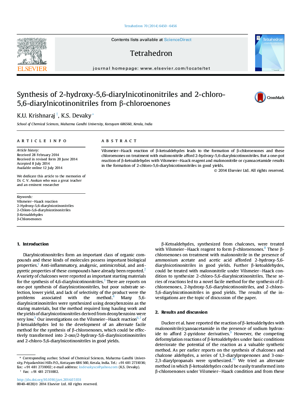 Synthesis of 2-hydroxy-5,6-diarylnicotinonitriles and 2-chloro-5,6-diarylnicotinonitriles from β-chloroenones