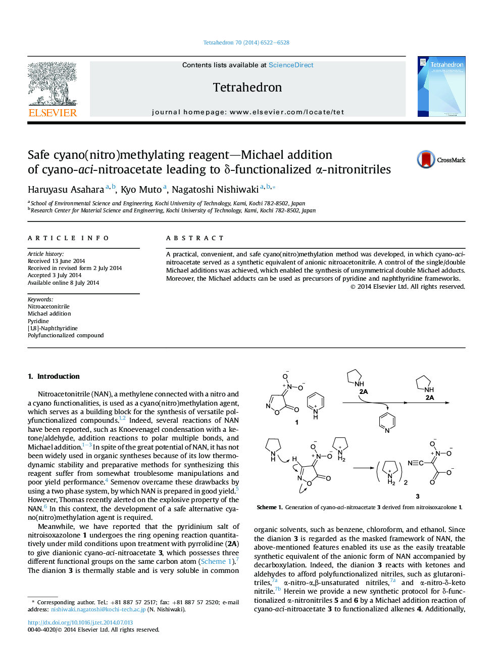 Safe cyano(nitro)methylating reagent—Michael addition of cyano-aci-nitroacetate leading to δ-functionalized α-nitronitriles