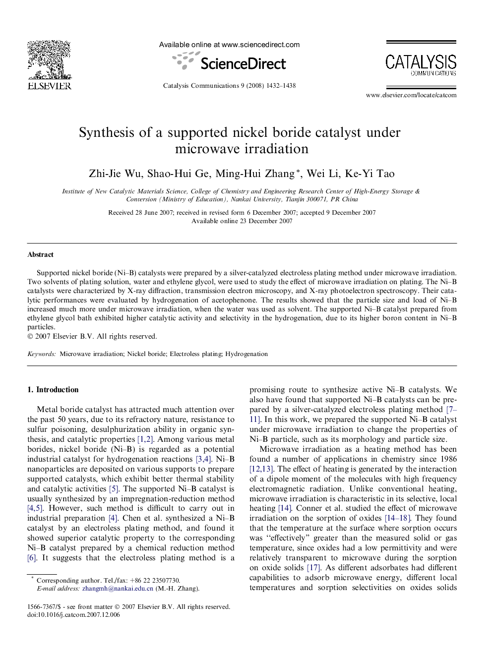 Synthesis of a supported nickel boride catalyst under microwave irradiation