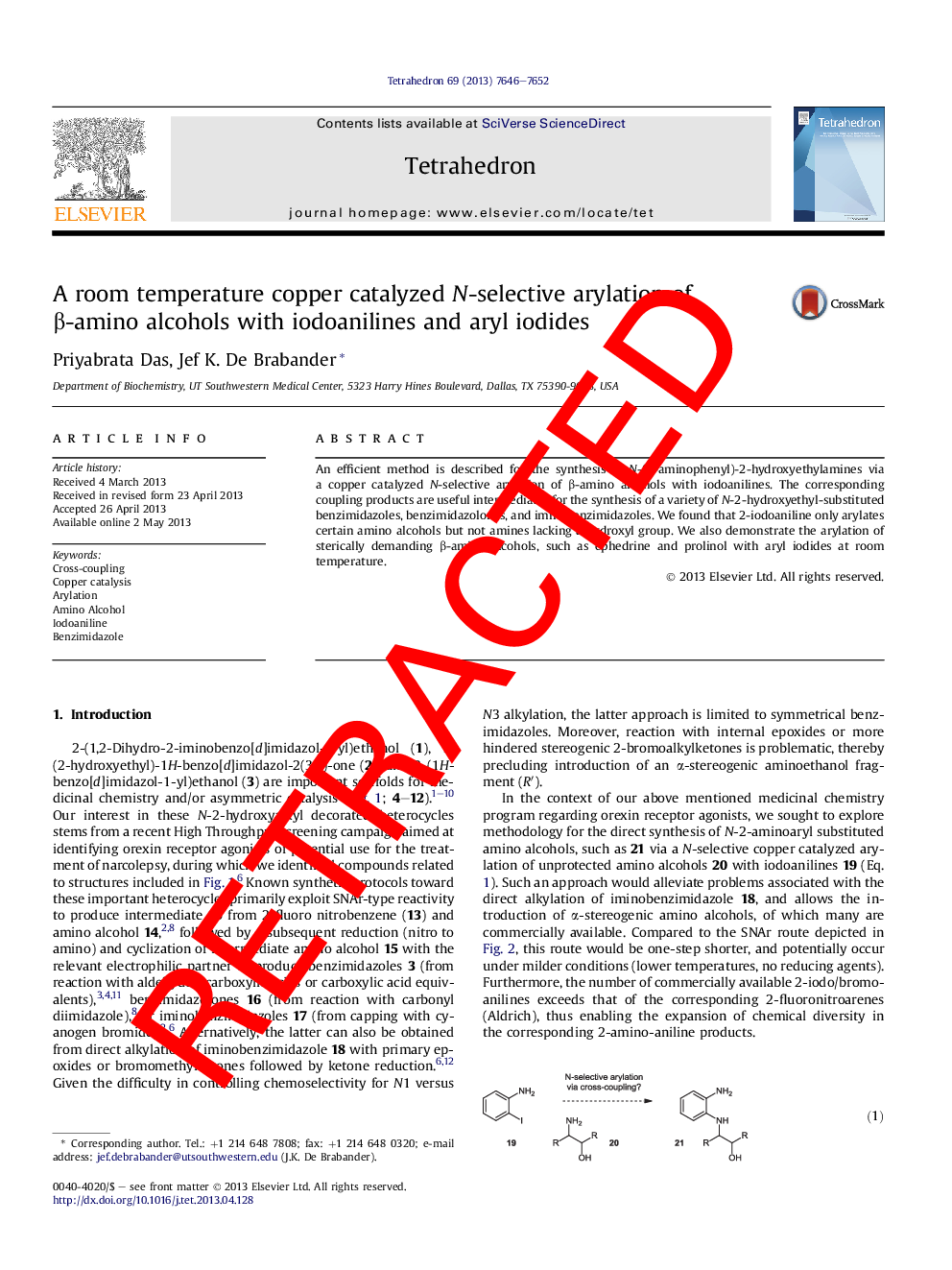 RETRACTED: A room temperature copper catalyzed N-selective arylation of Î²-amino alcohols with iodoanilines and aryl iodides