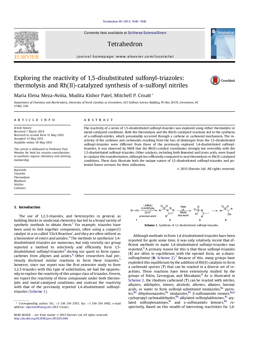 Exploring the reactivity of 1,5-disubstituted sulfonyl-triazoles: thermolysis and Rh(II)-catalyzed synthesis of Î±-sulfonyl nitriles