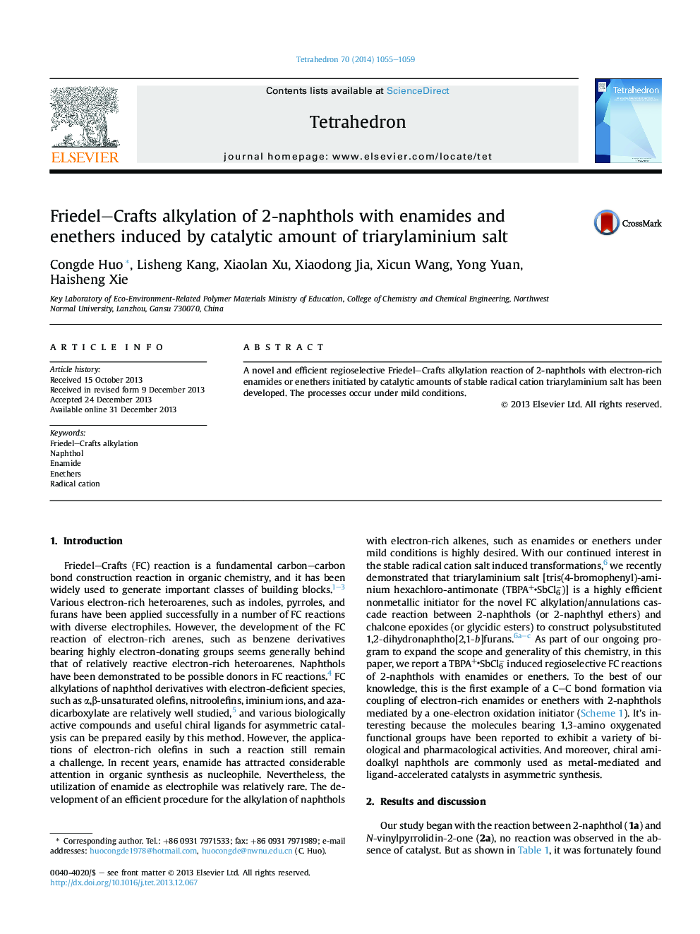 Friedel-Crafts alkylation of 2-naphthols with enamides and enethers induced by catalytic amount of triarylaminium salt