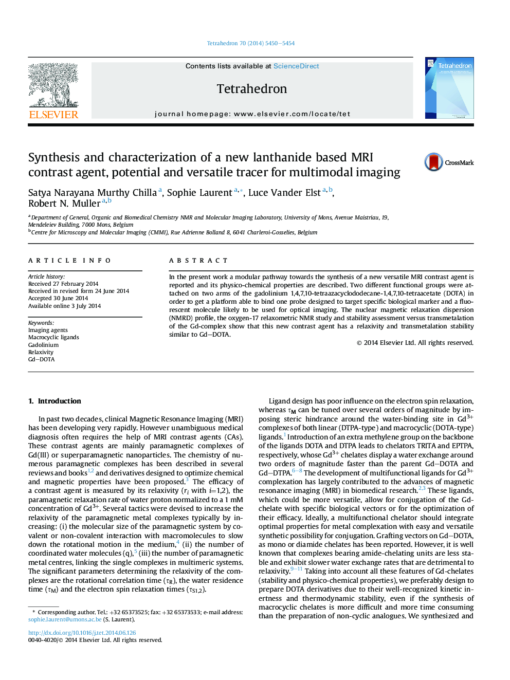 Synthesis and characterization of a new lanthanide based MRI contrast agent, potential and versatile tracer for multimodal imaging