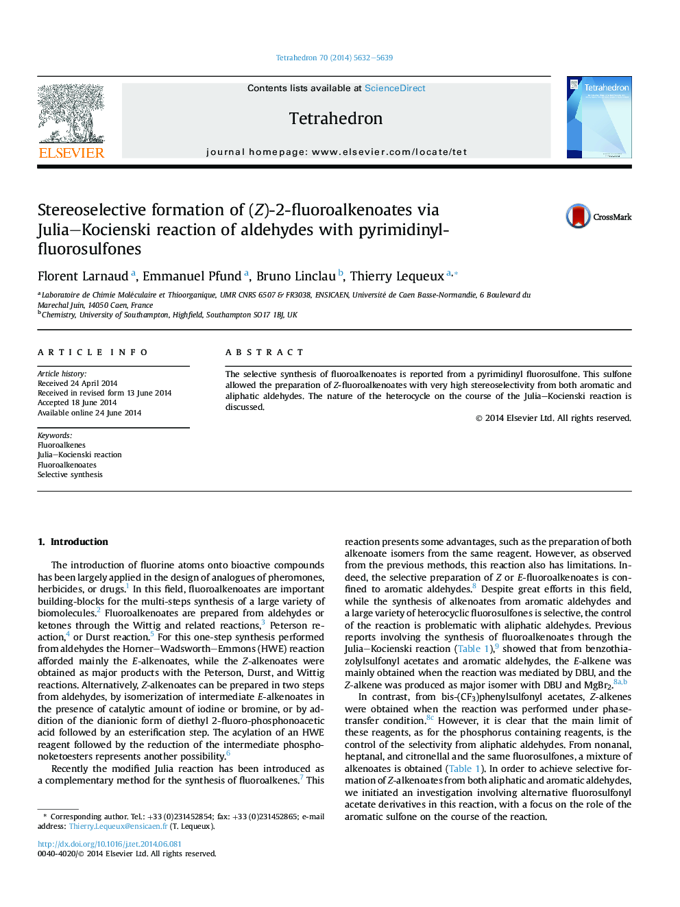 Stereoselective formation of (Z)-2-fluoroalkenoates via Julia-Kocienski reaction of aldehydes with pyrimidinyl-fluorosulfones