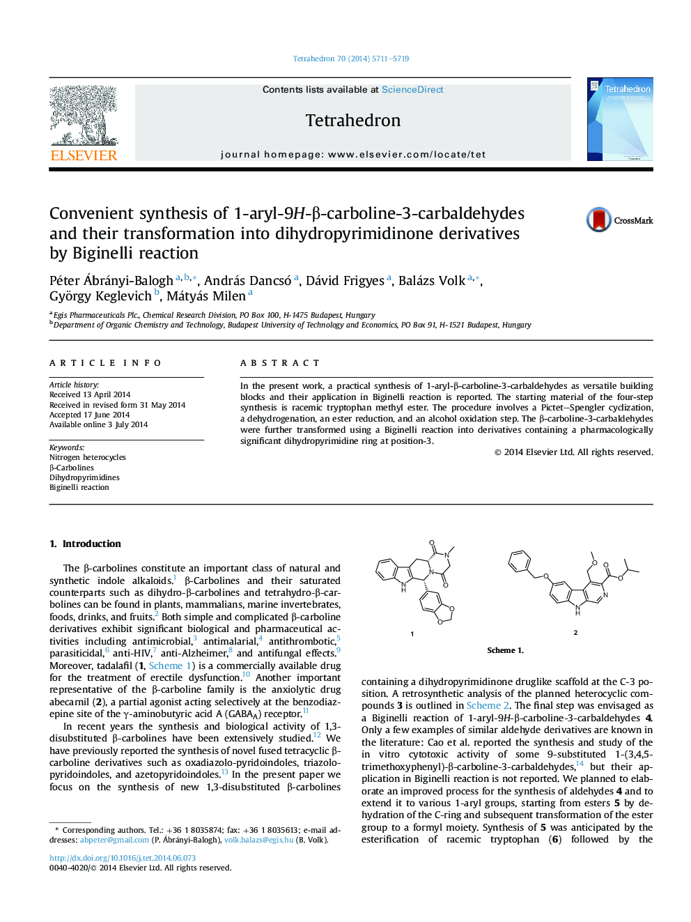 Convenient synthesis of 1-aryl-9H-Î²-carboline-3-carbaldehydes andÂ their transformation into dihydropyrimidinone derivatives byÂ Biginelli reaction