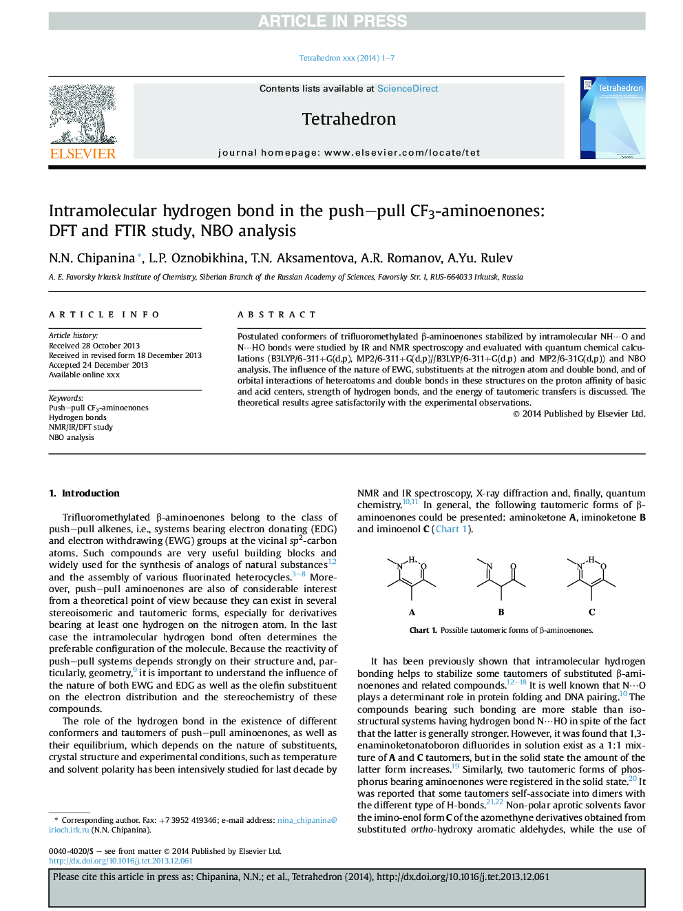 Intramolecular hydrogen bond in the push-pull CF3-aminoenones: DFT and FTIR study, NBO analysis