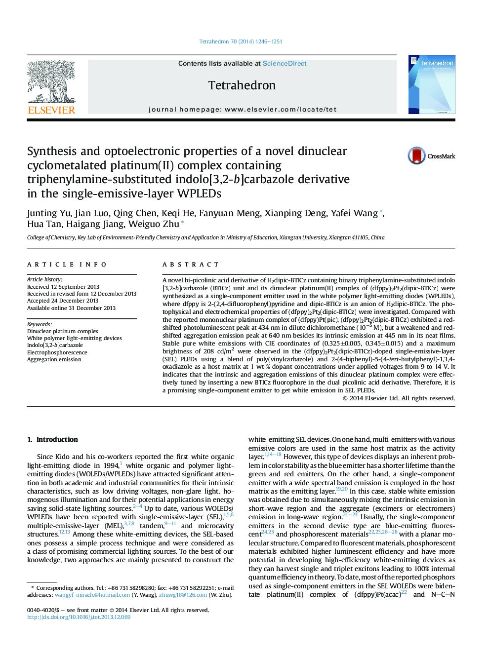 Synthesis and optoelectronic properties of a novel dinuclear cyclometalated platinum(II) complex containing triphenylamine-substituted indolo[3,2-b]carbazole derivative inÂ theÂ single-emissive-layer WPLEDs