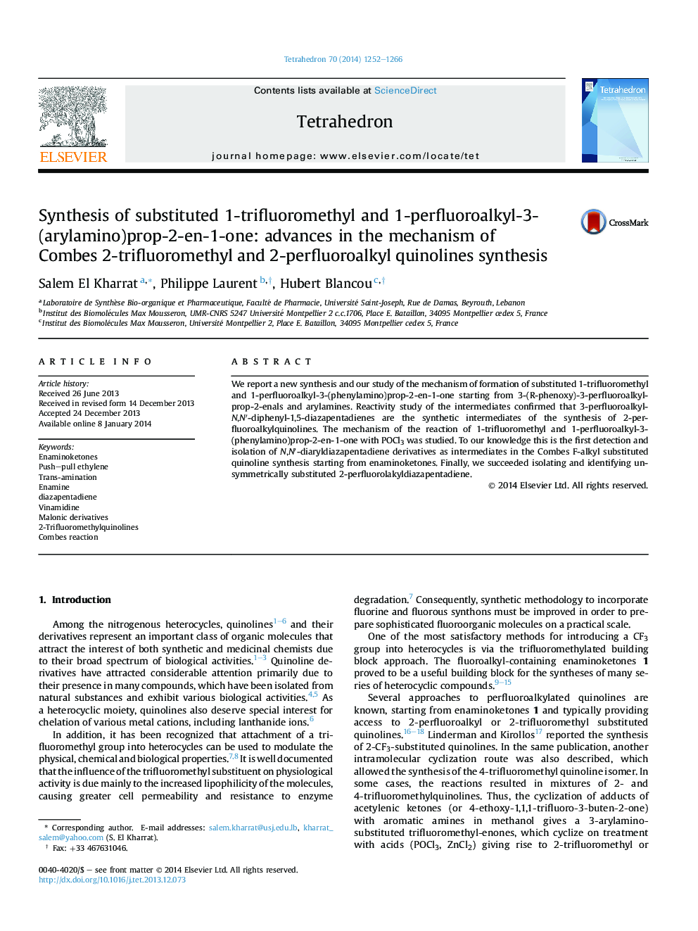 Synthesis of substituted 1-trifluoromethyl and 1-perfluoroalkyl-3-(arylamino)prop-2-en-1-one: advances in the mechanism of Combes 2-trifluoromethyl and 2-perfluoroalkyl quinolines synthesis