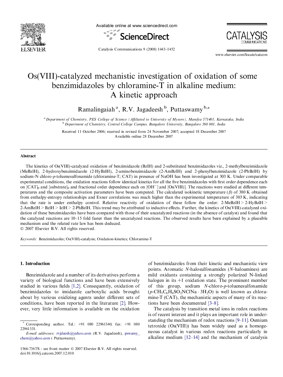 Os(VIII)-catalyzed mechanistic investigation of oxidation of some benzimidazoles by chloramine-T in alkaline medium: A kinetic approach