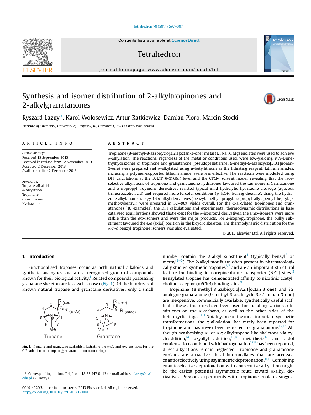 Synthesis and isomer distribution of 2-alkyltropinones and 2-alkylgranatanones