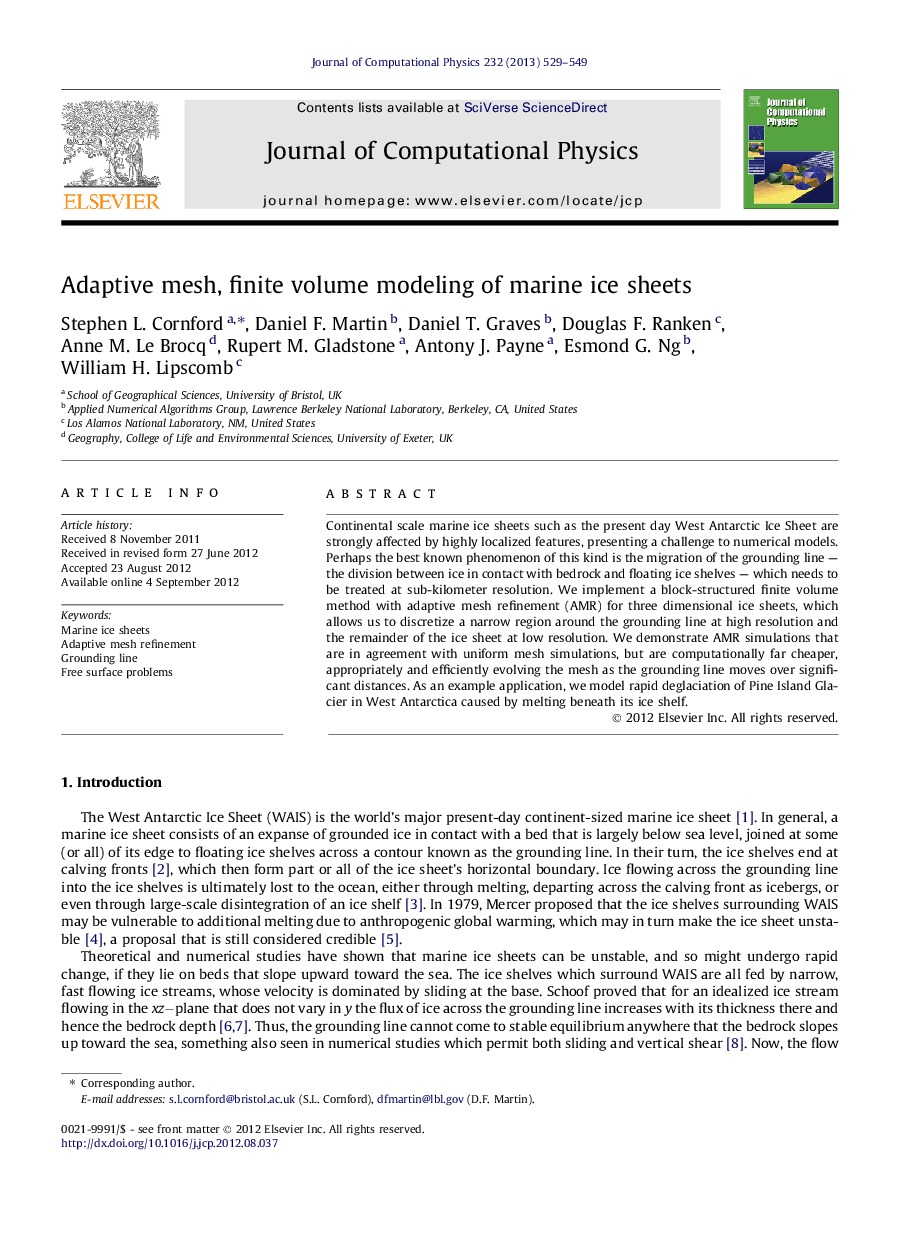 Adaptive mesh, finite volume modeling of marine ice sheets