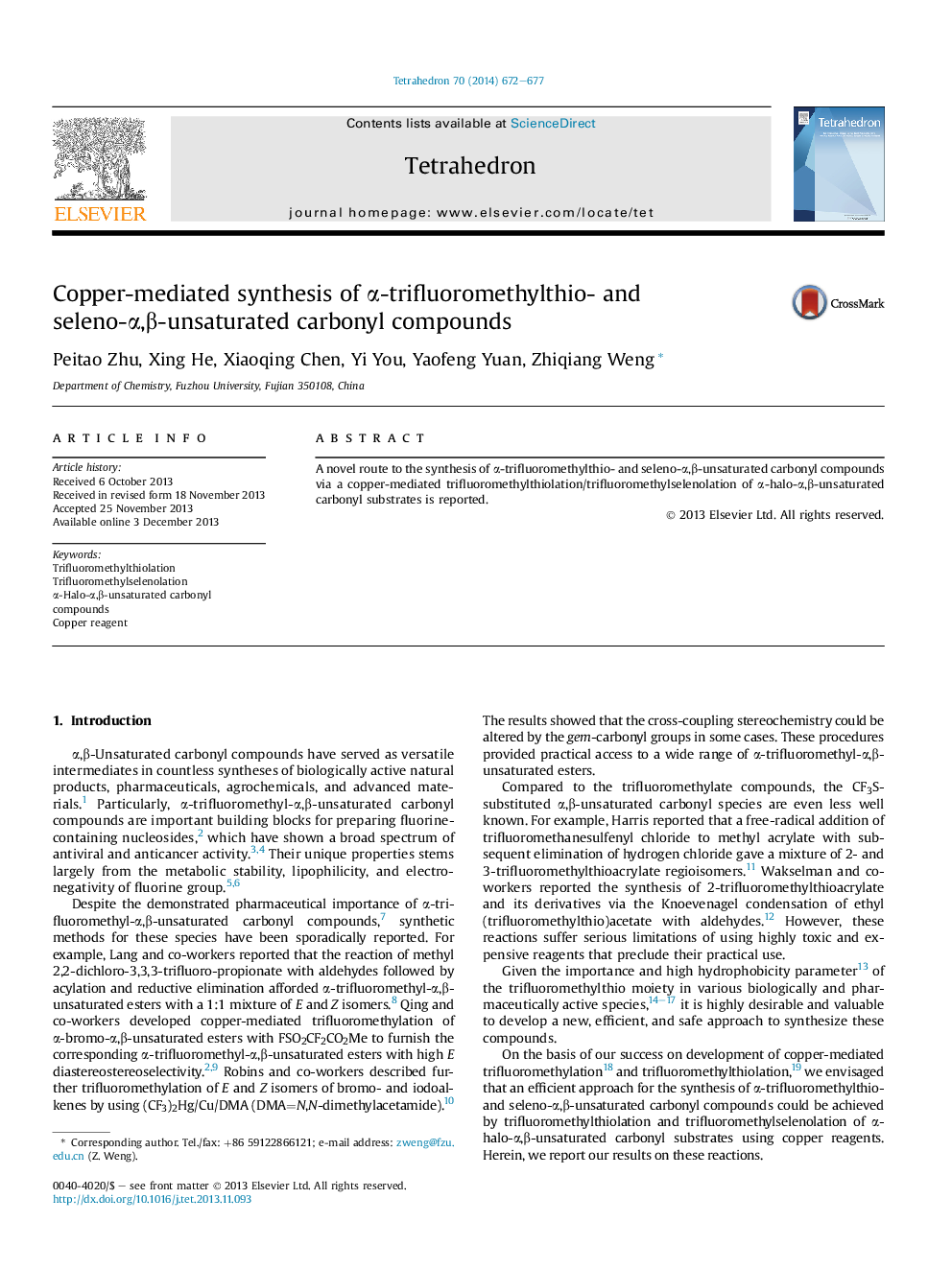 Copper-mediated synthesis of Î±-trifluoromethylthio- and seleno-Î±,Î²-unsaturated carbonyl compounds