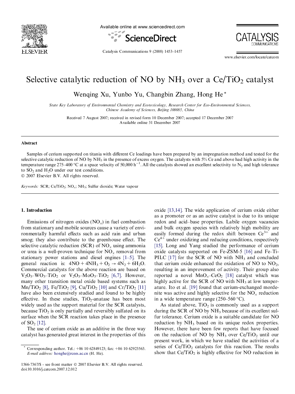 Selective catalytic reduction of NO by NH3 over a Ce/TiO2 catalyst