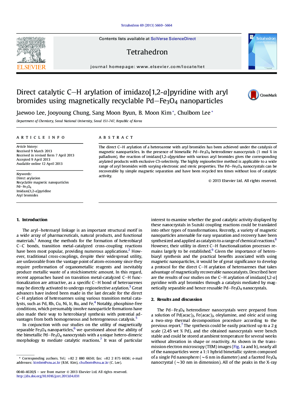 Direct catalytic C-H arylation of imidazo[1,2-a]pyridine with aryl bromides using magnetically recyclable Pd-Fe3O4 nanoparticles