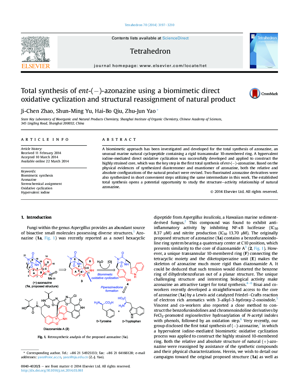 Total synthesis of ent-(−)-azonazine using a biomimetic direct oxidative cyclization and structural reassignment of natural product