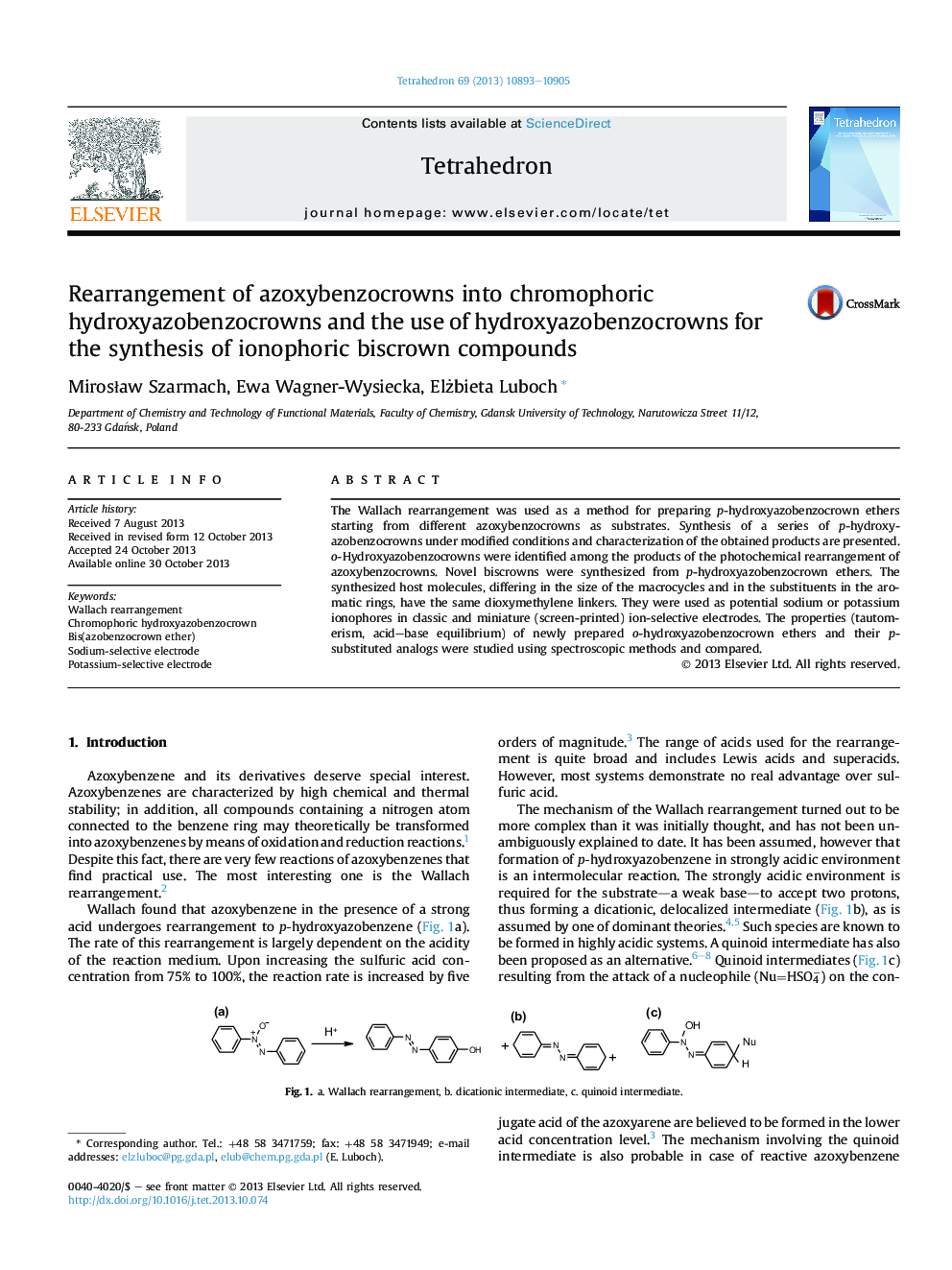 Rearrangement of azoxybenzocrowns into chromophoric hydroxyazobenzocrowns and the use of hydroxyazobenzocrowns for the synthesis of ionophoric biscrown compounds