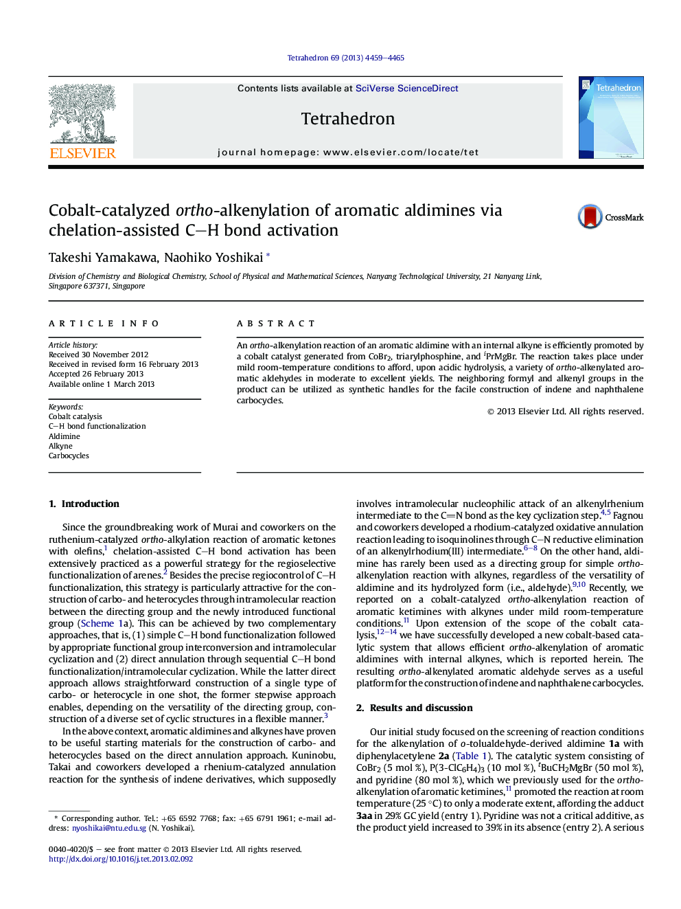 Cobalt-catalyzed ortho-alkenylation of aromatic aldimines via chelation-assisted C-H bond activation