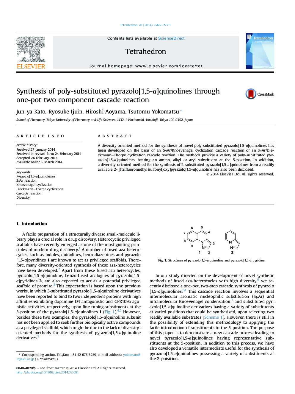 Synthesis of poly-substituted pyrazolo[1,5-a]quinolines through one-pot two component cascade reaction