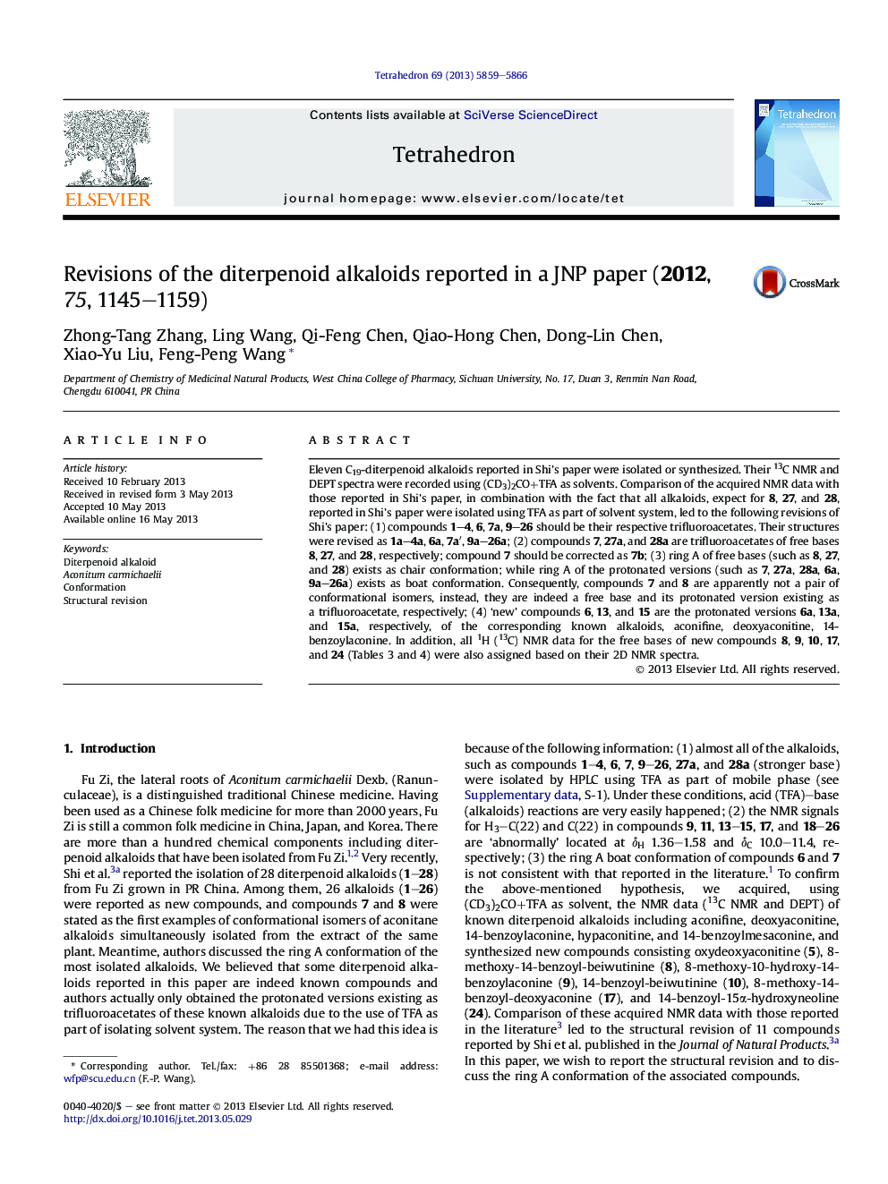 Revisions of the diterpenoid alkaloids reported in a JNP paper (2012, 75, 1145-1159)