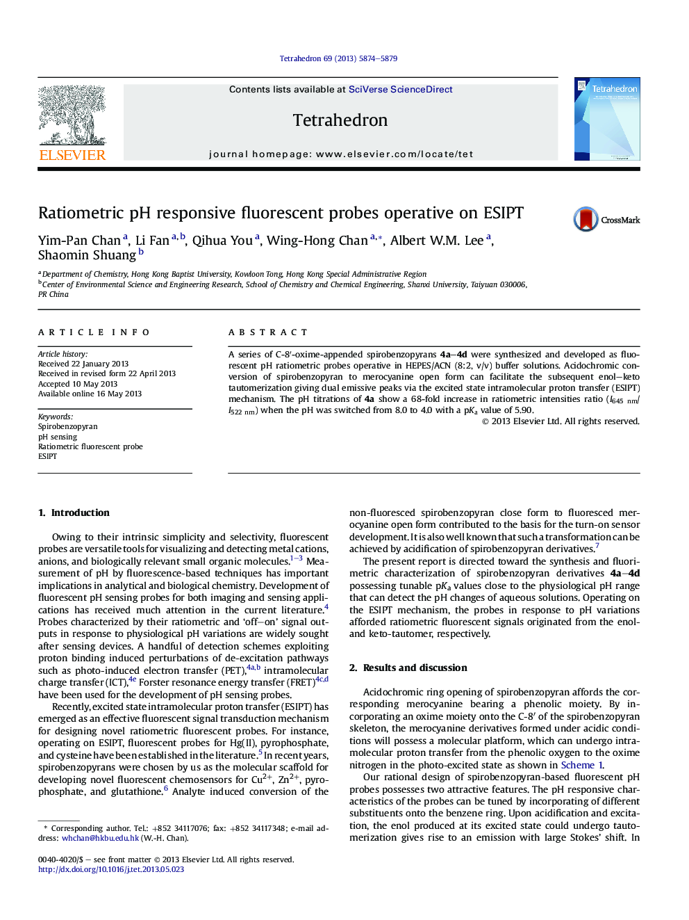 Ratiometric pH responsive fluorescent probes operative on ESIPT