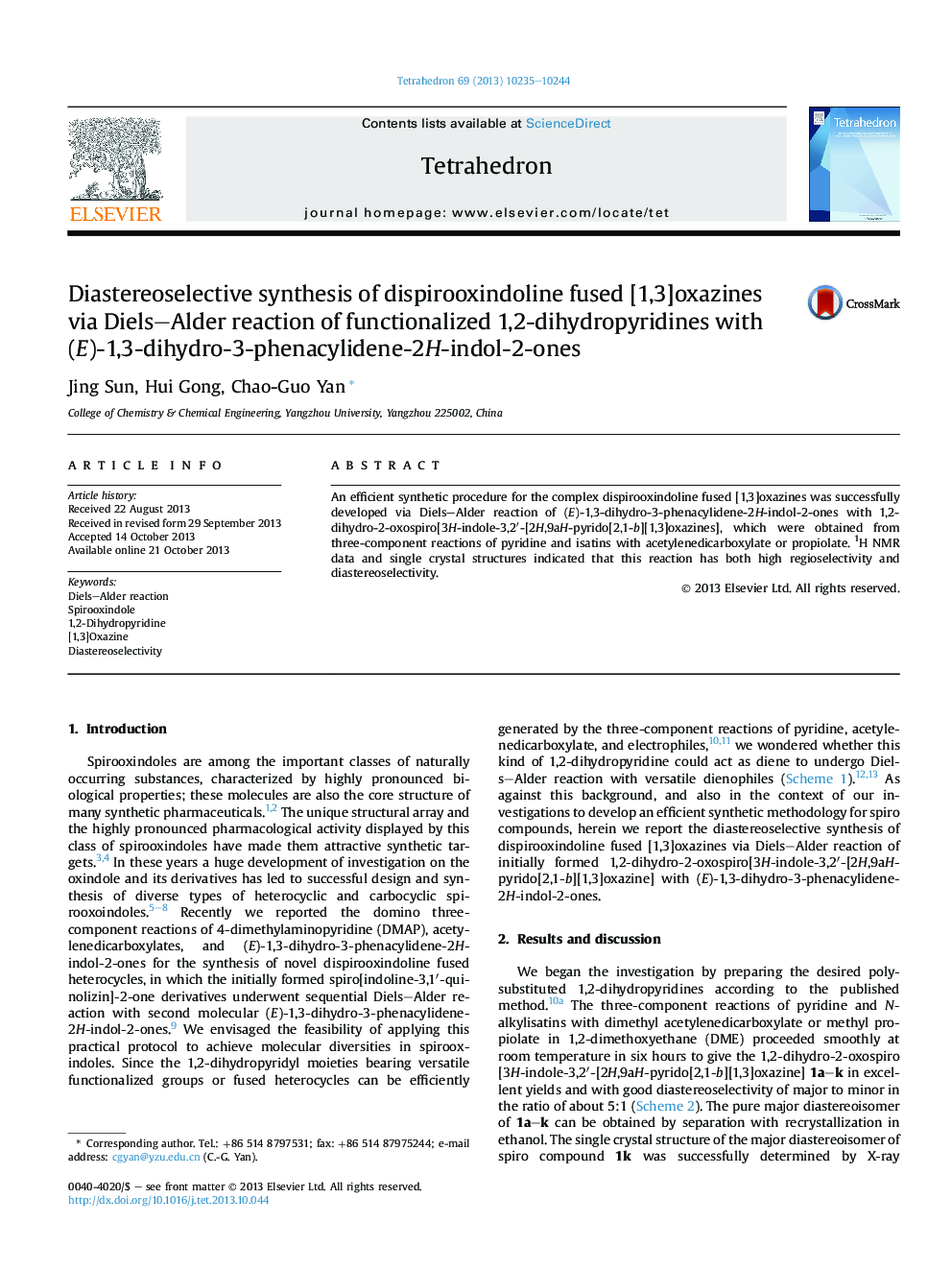 Diastereoselective synthesis of dispirooxindoline fused [1,3]oxazines via Diels–Alder reaction of functionalized 1,2-dihydropyridines with (E)-1,3-dihydro-3-phenacylidene-2H-indol-2-ones