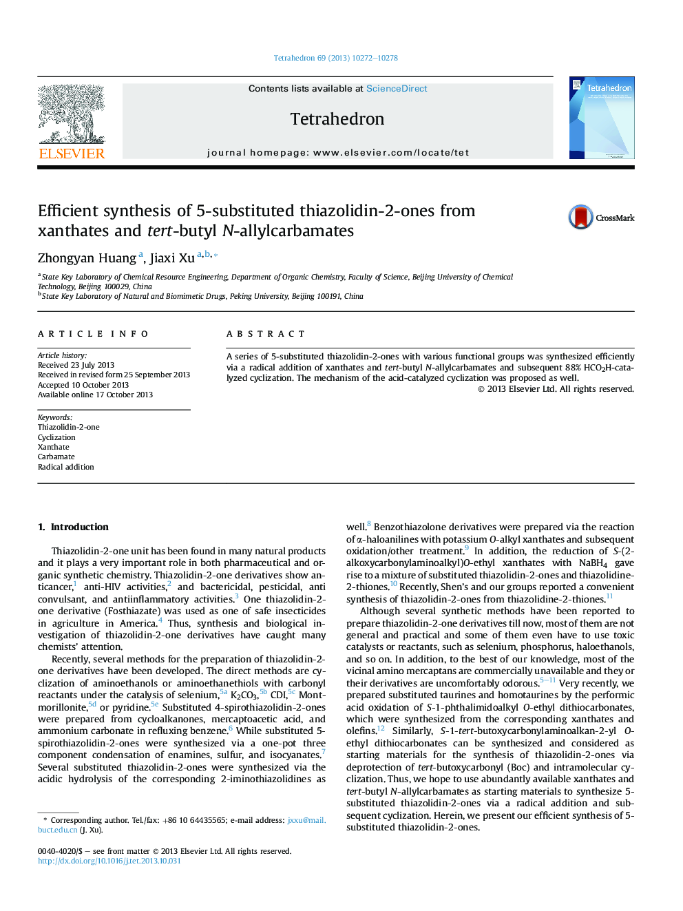 عکس صفحه اول مقاله: Efficient synthesis of 5-substituted thiazolidin-2-ones from xanthates and tert-butyl N-allylcarbamates Efficient synthesis of 5-substituted thiazolidin-2-ones from xanthates and tert-butyl N-allylcarbamates